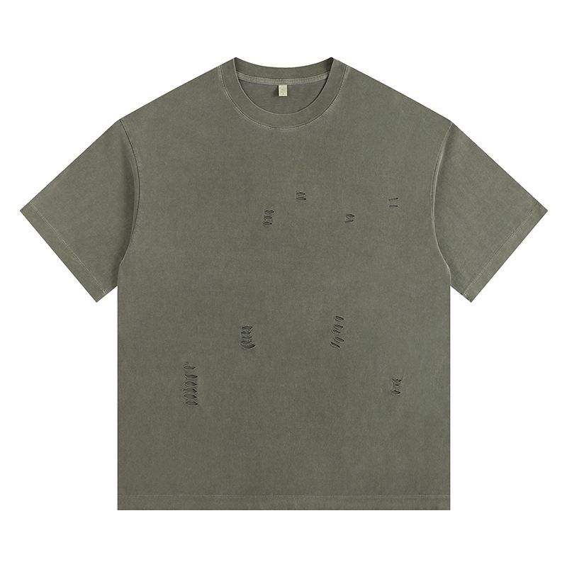 2025d 260g American Style Solid Color Crew Neck Distressed Cool Vintage Washed T-Shirt With Embroidered Text_voghion.com