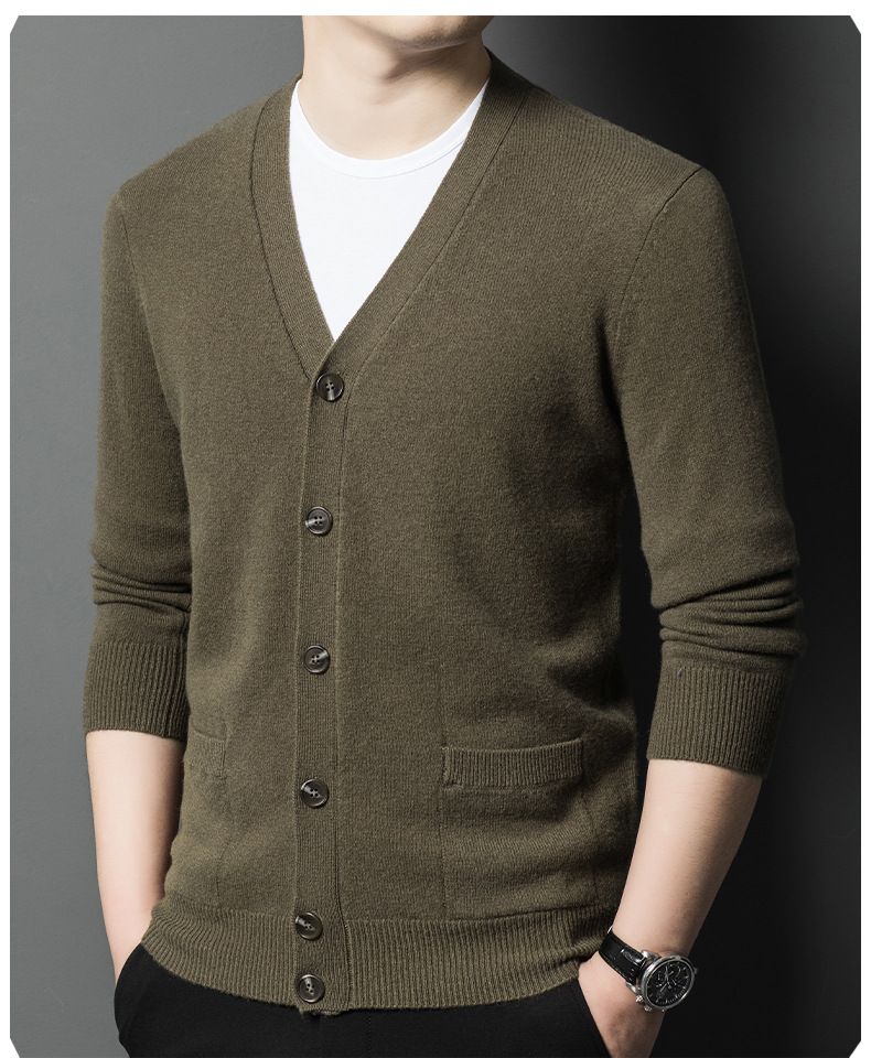 Herbst-Winter-Pullover aus reiner Wolle mit V-Ausschnitt und einfarbigem Farbverlauf für Männer mittleren und älteren Alters, vielseitiger Strickpullover_voghion.com