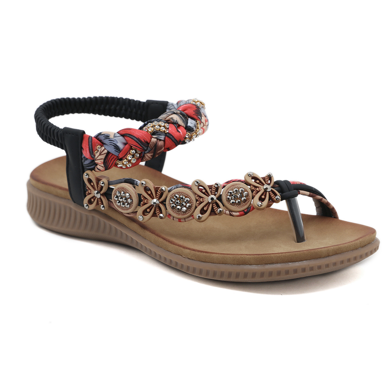1722-12025 New Fashionable And Comfortable Bohemian Hand Woven Ribbon Rhinestone Sandals For Women_voghion.com