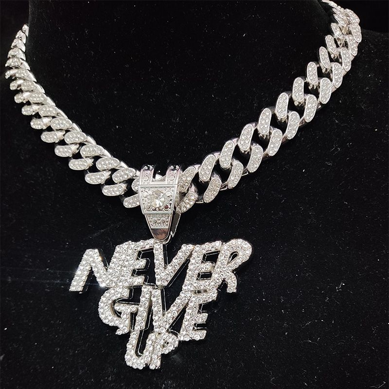Hot Sales Men Women Hip Hop NEVER GIVE UP Pendant Necklace 13mm Crystal Cuban Chain HipHop Iced Out Bling Necklaces Fashion Charm_voghion.com