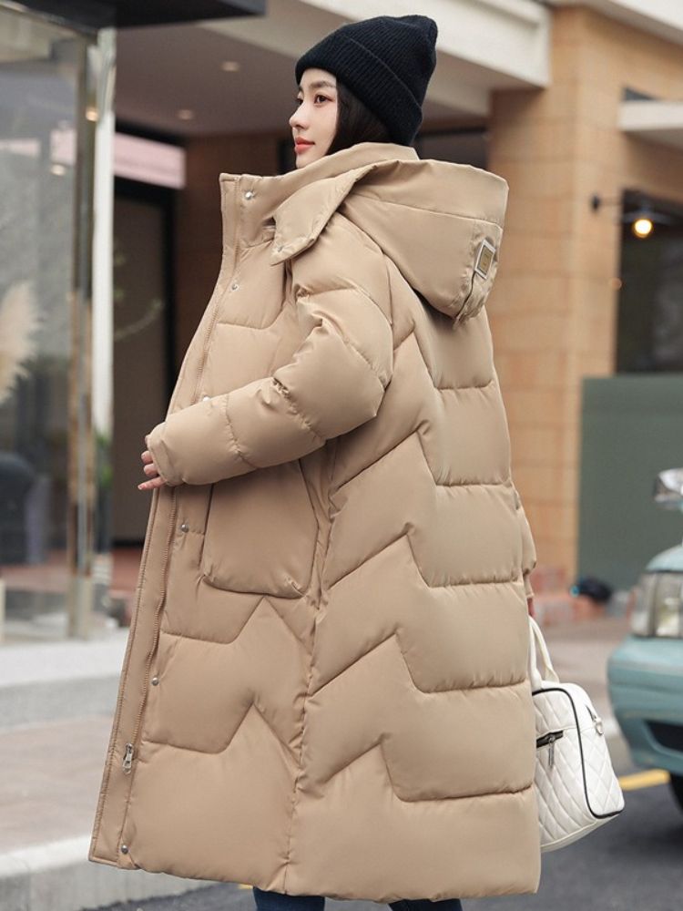 Cappotto da donna in cotone con cappello staccabile; giacca lunga sopra il ginocchio imbottita in cotone spesso; giacca da donna imbottita in cotone._voghion.com