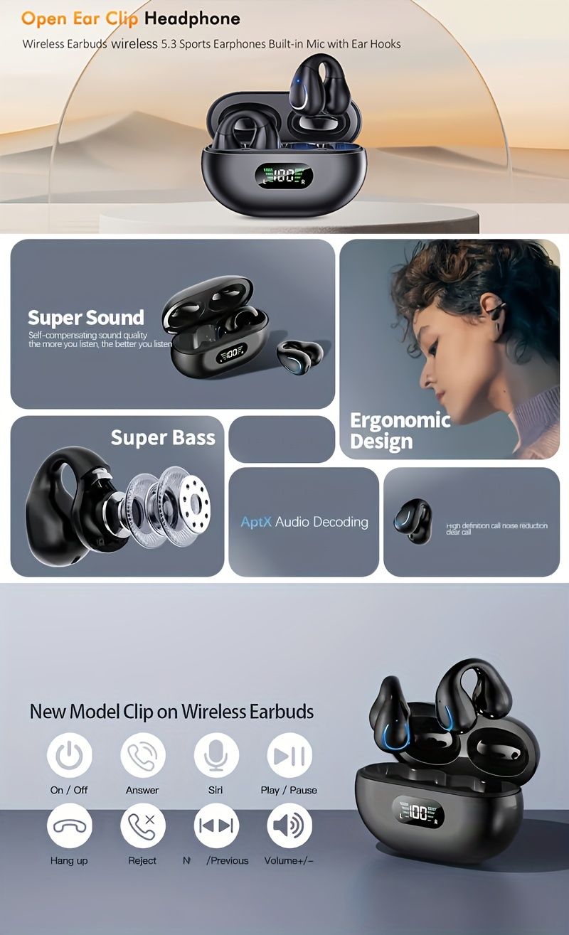 Open ear clip earplugs BT 5.3, sports earphones built-in microphone with Hook Ear Hook, wireless charging box and_voghion.com