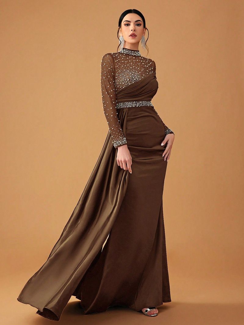 Dametøj Ny boldkjole til kvinder Elegant mesh perler satin højhalset langærmet aftenkjole_voghion.com