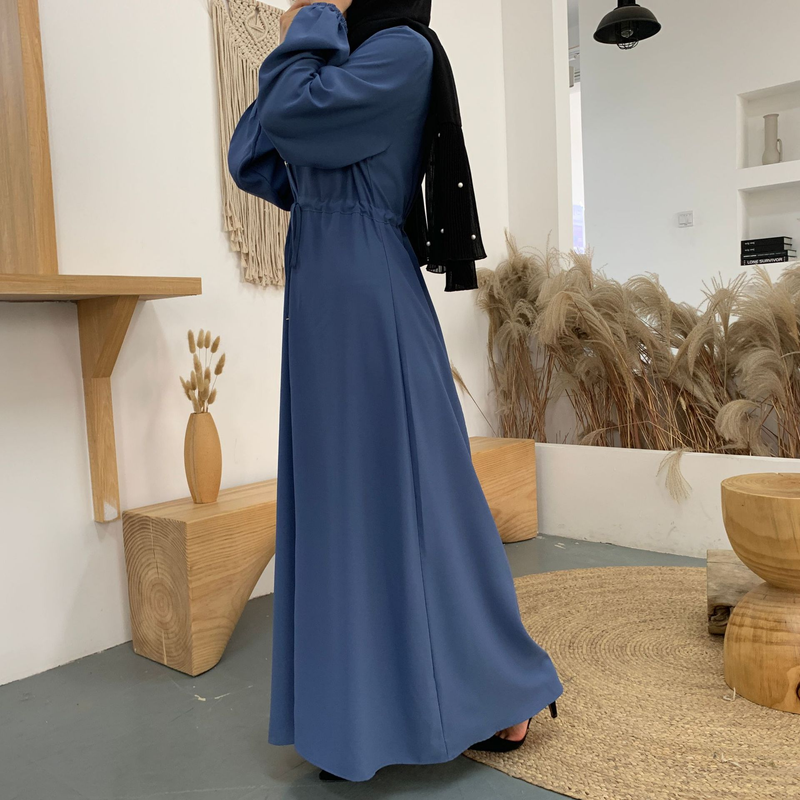 Roupas femininas nova moda muçulmana lapela cor sólida botão completo vestido fino saia longa_voghion.com