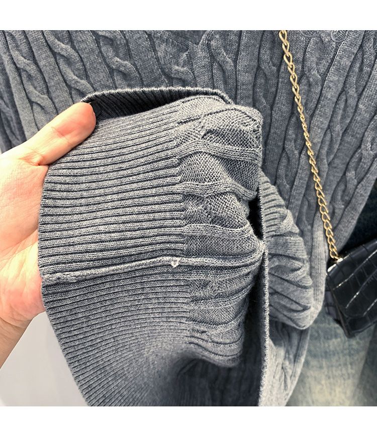 Maglione a trecce con scollo a V – Maglia oversize da donna in misto cotone a maniche lunghe, capo di ispirazione coreana perfetto per creare strati di stile_voghion.com