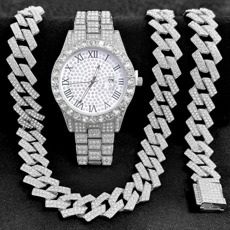 Ensemble de bijoux tendance hip-hop, montre unisexe à chaîne en or avec micro-incrustations de zircon cubain et diamants._voghion.com