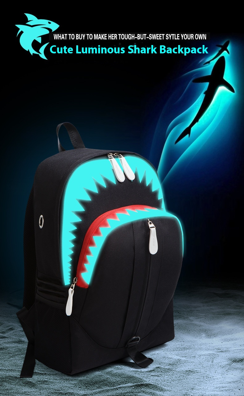 Batoh Nightglow pro muže s velkými ústy, žraločí USB funkce, studentský batoh, personalizovaný moderní styl, Guangzhou_voghion.com