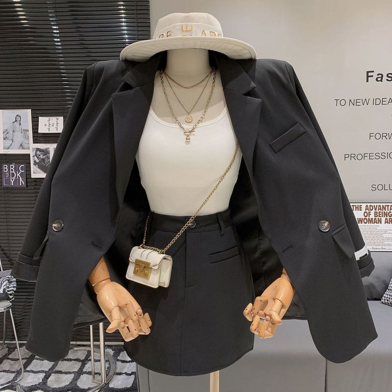 2023 Korean Fashion Lazy Style Loose Chic Blazer + High Waist Slimming A-line Bodycon Skirt Two-piece Set For Women_voghion.com