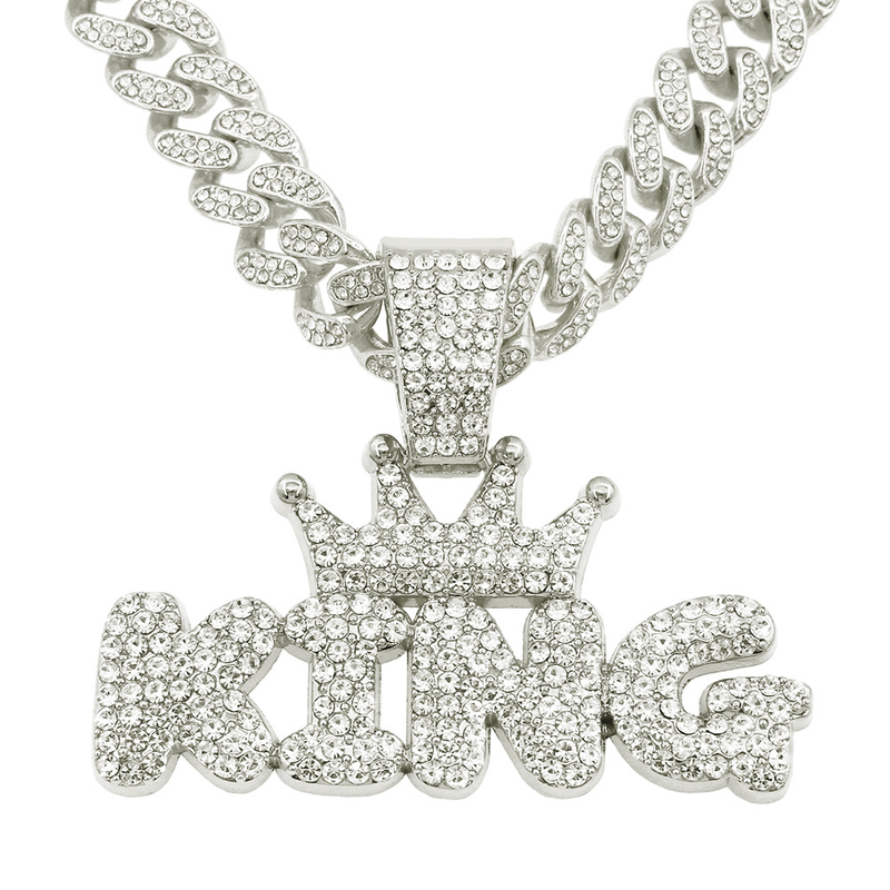 Men Women Hip Hop Crown with KING Pendant Necklace 13mm Crystal Cuban Chain Iced Out Bling Hiphop Necklaces Fashion Jewelry_voghion.com