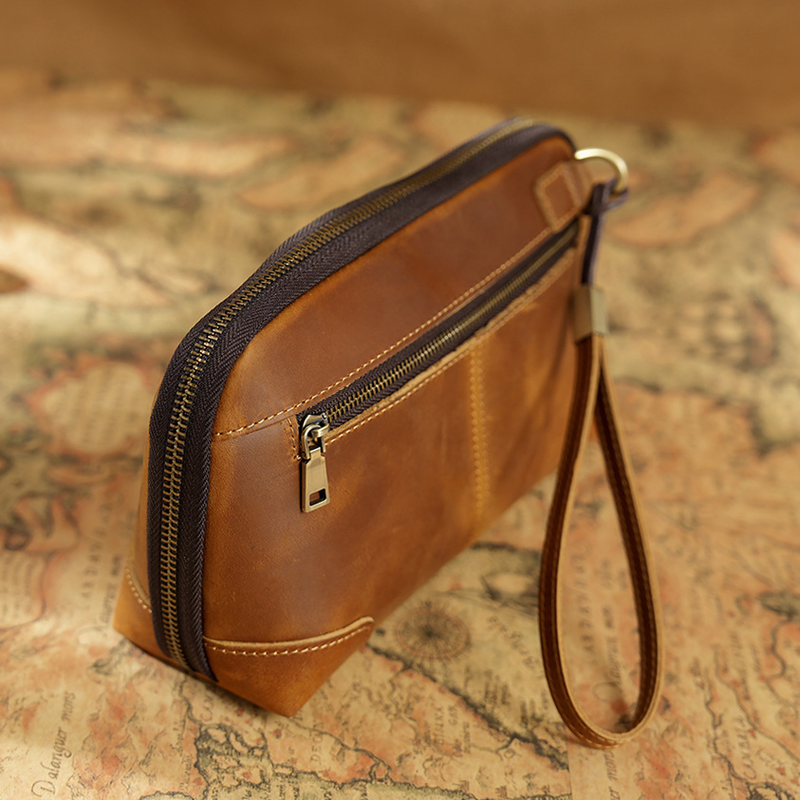 Crazy Horse Herren Clutch mit Handschlaufe aus echtem Leder, Datenkabel, Bluetooth, Schreibwaren-Aufbewahrungstasche_voghion.com