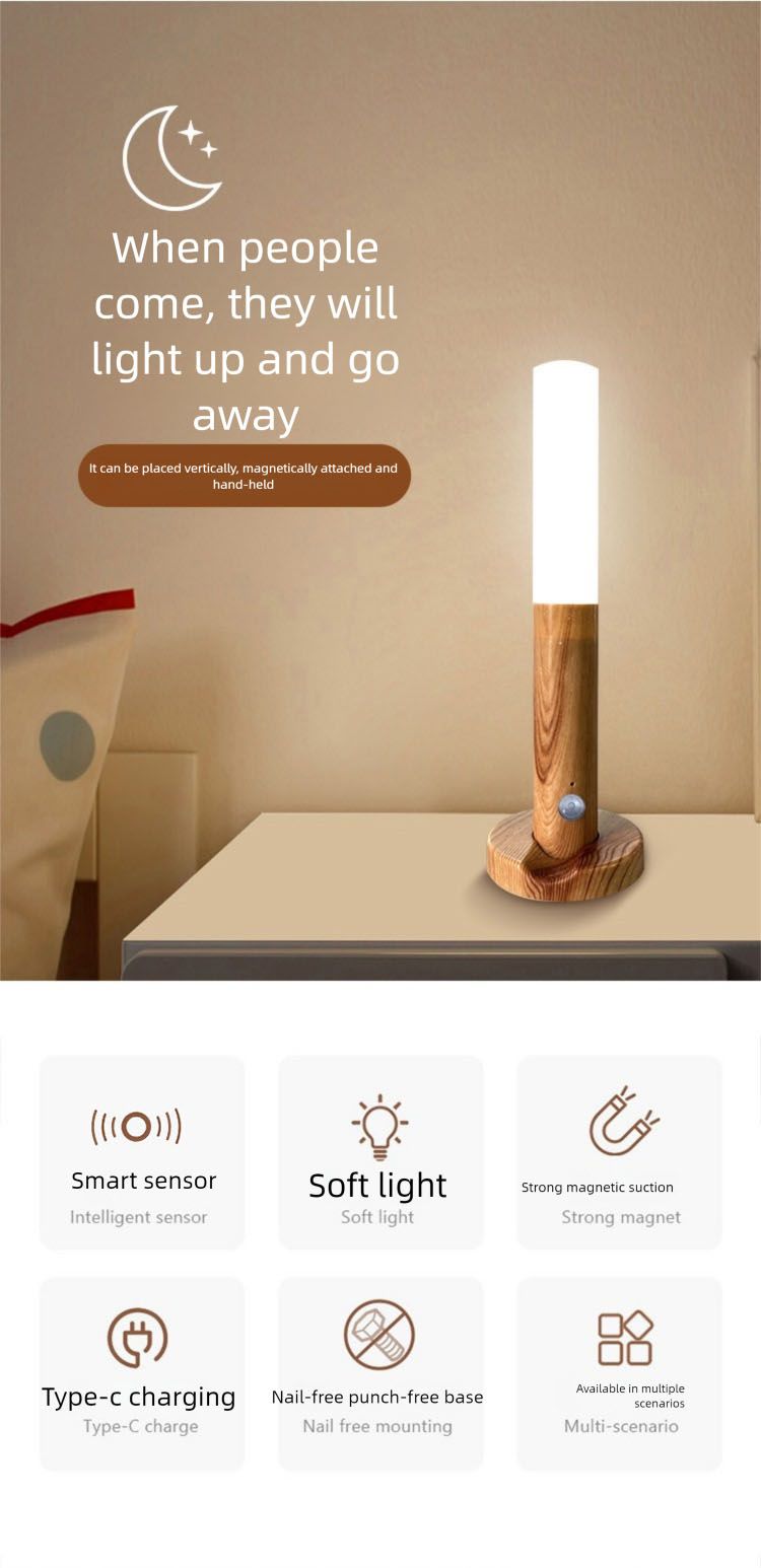 LED Night com carregamento USB, indução humana inteligente para armário de cabeceira, iluminação de guarda-roupa doméstico, sensor de movimento, luz LED_voghion.com
