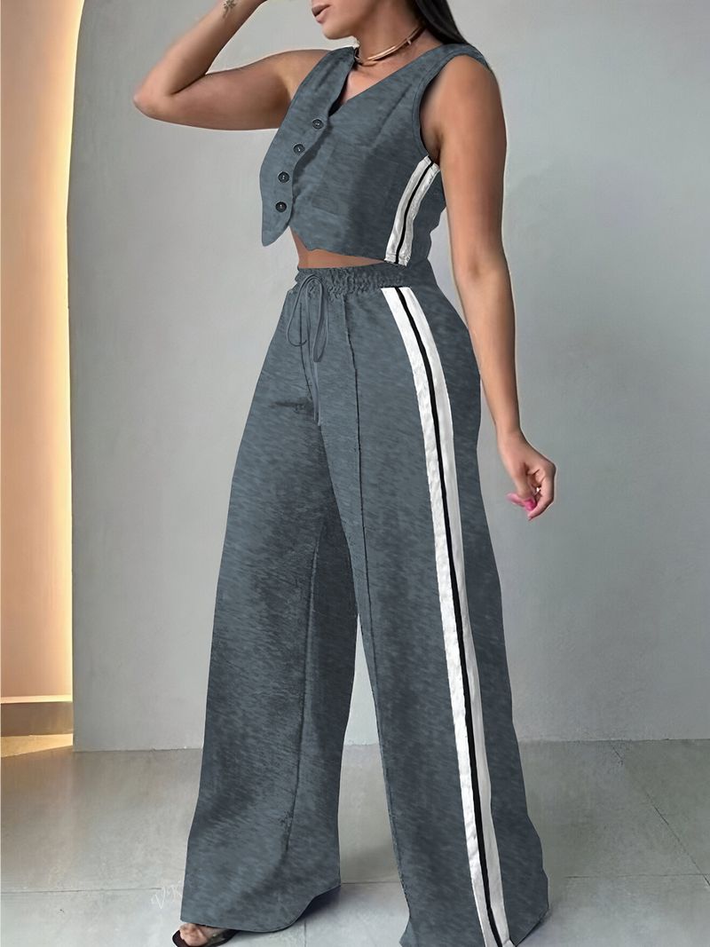 Ensemble deux pièces long et décontracté pour femme, couleur unie, sans manches, avec poches_voghion.com