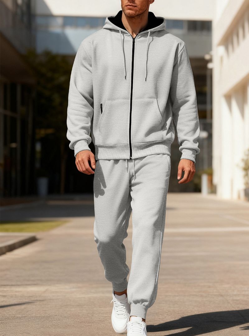 Herrenbekleidung, einfarbiges Set aus Fleece-Sweatshirt mit Kapuze und Jogginghose – warmes, lässiges Winteroutfit für Komfort und Stil (Marineblau, Schwarz, Hellgrau)_voghion.com