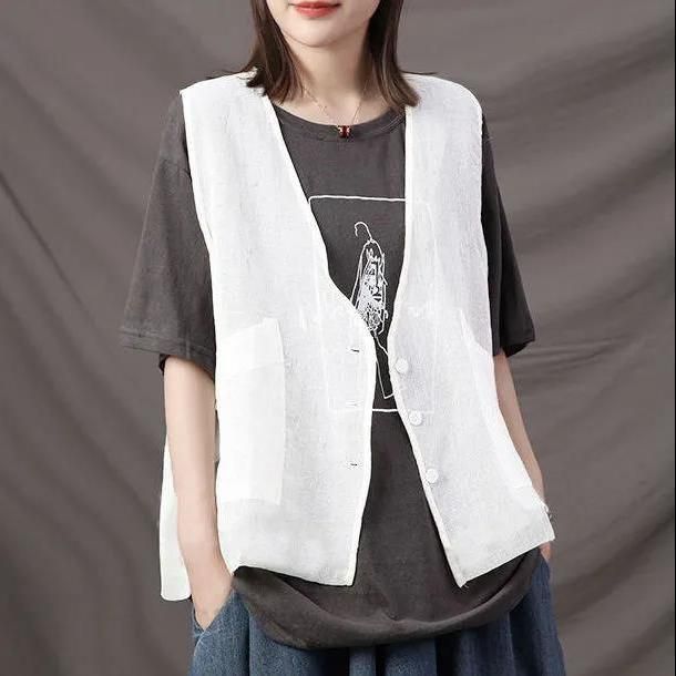 Gilet sans manches léger et polyvalent pour femme grande taille, style artistique, à bordure croisée, idéal pour l'automne._voghion.com