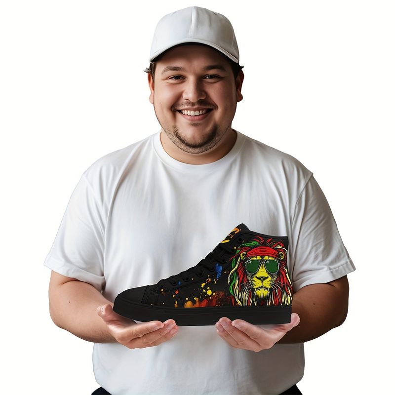 Baskets montantes pour homme motif lion avec lunettes : toile résistante, lacets confortables et antidérapants. Pour l'extérieur, la marche, le jogging et les voyages. Toutes saisons._voghion.com