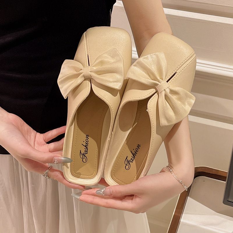 Sandales à nœud papillon Wo, vêtements d'extérieur, nouvelle mode été 2025, pantoufles plates à bout carré de style coréen polyvalentes pour_voghion.com