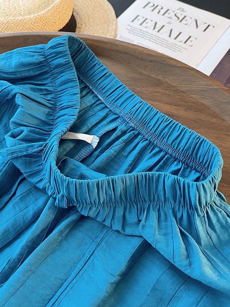 Pantalon décontracté bleu taille haute pour femme, slim, drapé, été, nouveau, fin, petite taille, plissé, décontracté, polyvalent_voghion.com