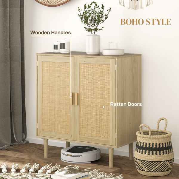 HOMCOM Bohemian Sideboard, 31.5' Buffet Cabinet With 2 Rattan Doors And Shelves For Living Room, Hallway, Natural_voghion.com