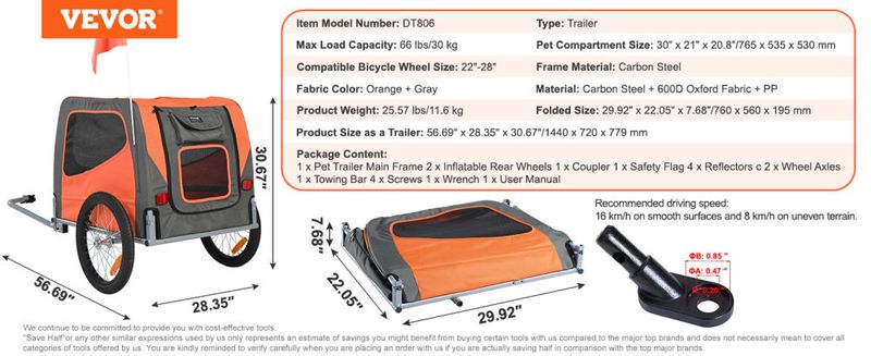 VEVOR Dog Bike Trailer, Supports up to 66 lbs, Pet Cart Bicycle Carrier, Easy Folding Frame with Quick Release Wheels, Universal Bicycle Coupler, Refl_voghion.com
