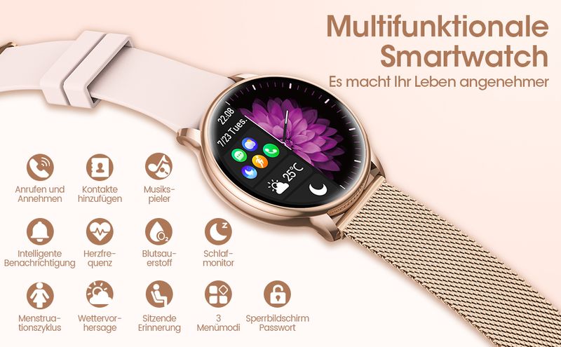 Women's Smartwatch 1.32” HD Full Touch Screen Watch With SpO2 Heart Rate Monitor Menstrual Cycle Sleep Monitor Pedometer Calories Fitness Tracker_voghion.com