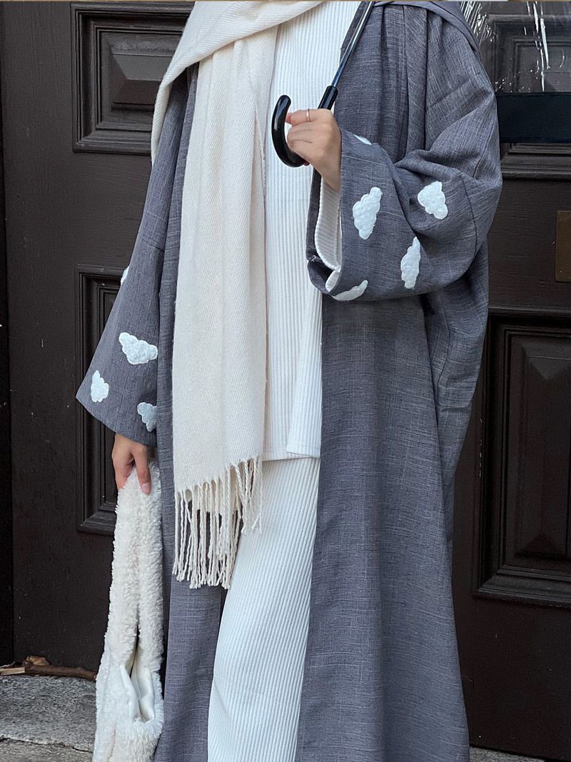 Robe cardigan élégante avec broderie de nuages, mode dubaï turquie_voghion.com