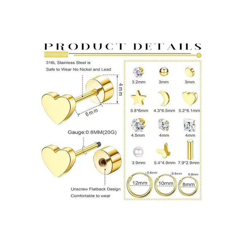 Set di orecchini in acciaio inossidabile - Orecchini a bottone a forma di torta e sfera rotonda a 4 griffe con accenti di diamanti, raffinati dettagli di filettatura_voghion.com