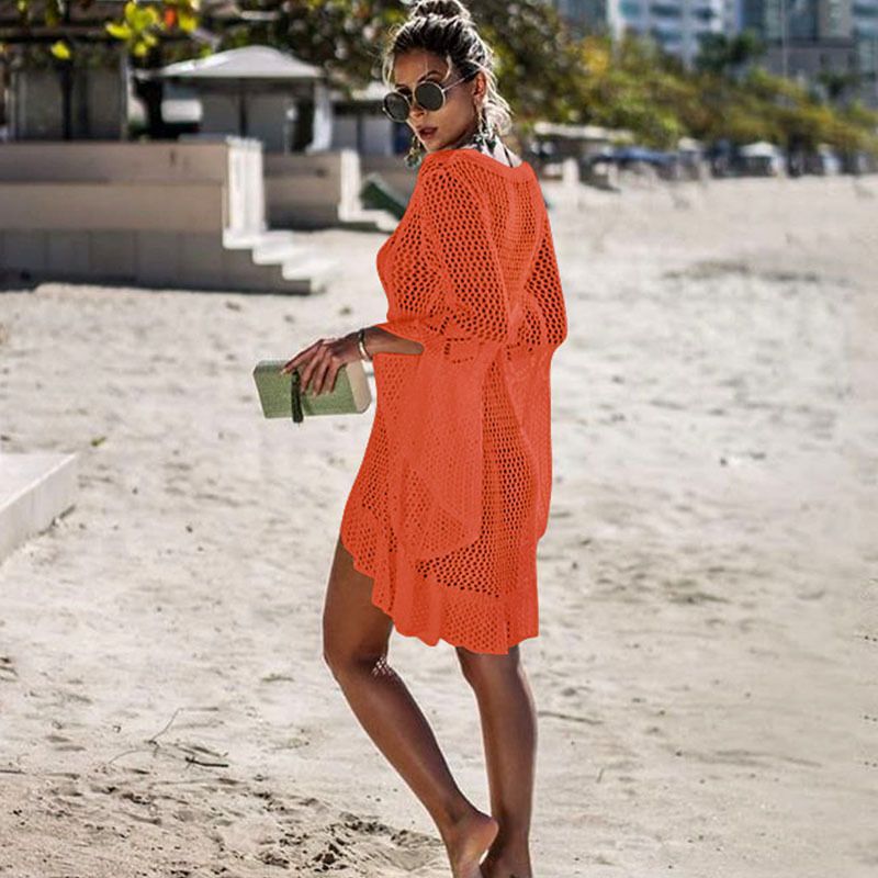 Unregelmäßiger tiefer V-Ausschnitt für Damen, sexy, ausgehöhlt, gewebt, Strandkleid, Überzug_voghion.com