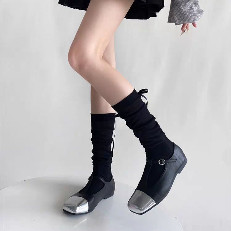 Ballet White Calf For Women Spring And Autumn Miu Style Bowknot Striped Mid-Calf Slouch Long Socks_voghion.com