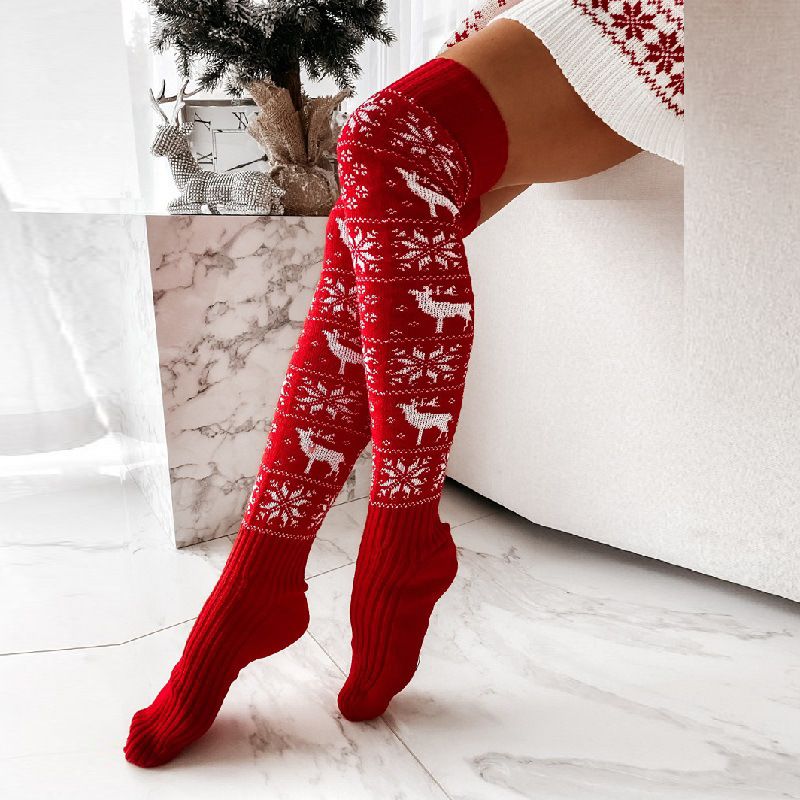 2025d Christmas Reindeer Snowflake Knitted Wool For Women Over-the-Knee Slouch Long Tube Socks_voghion.com