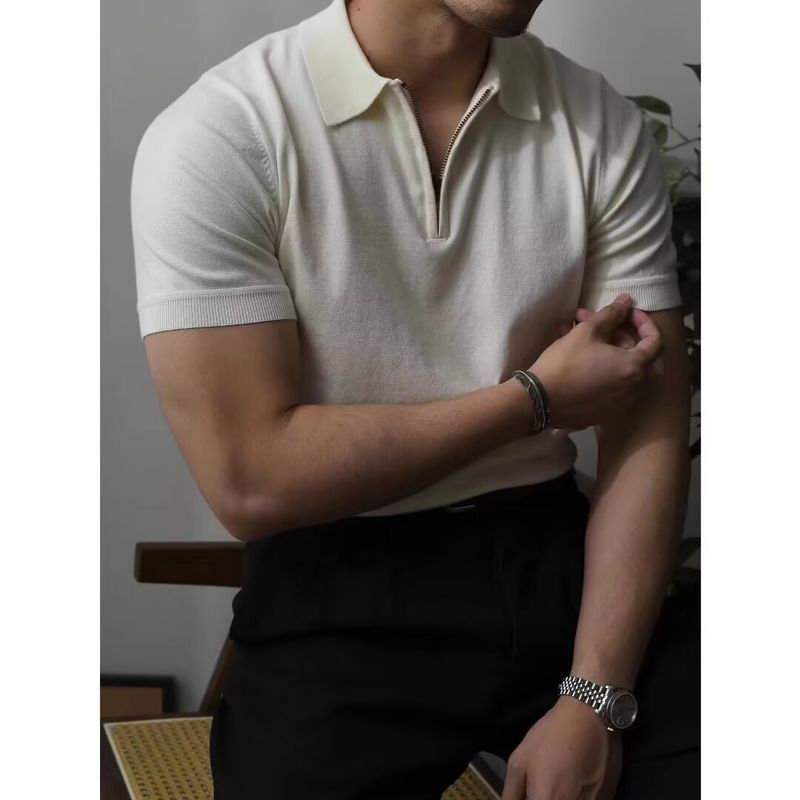 Herrenbekleidung Fabrik Direktverkauf Eisseide Strickoberteile für Männer High-End Sommer Leichte Luxus Herrenmode Kurzarm Poloshirt Halbreißverschluss_voghion.com