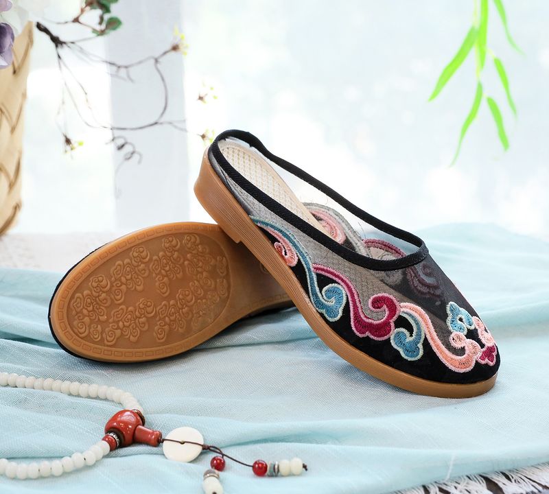 Slippers, Mesh Embroidered Fabric Shoes, Summer Cow Tendon Soles, Casual Women's Outerwear Sandals_voghion.com