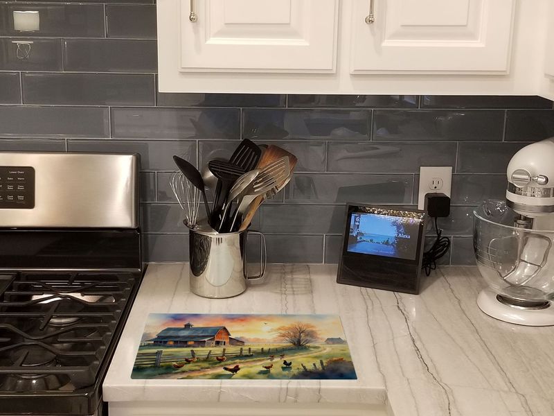 Chicken Farmyard Sunrise Glass Cutting Board Decorative Tempered Glass Kitchen Cutting And Serving Board Large Size Chopping Board_voghion.com