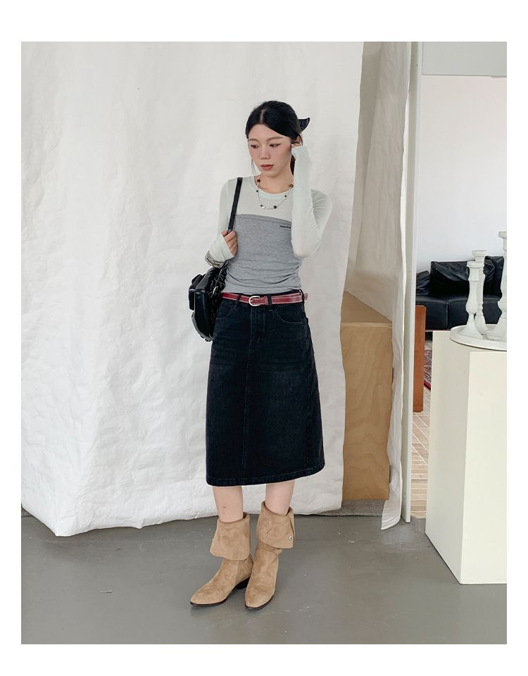 GraceChic GraceChic GraceChic ICC Modern Retro Simple Washed Cat Whiskers Straight Midi Slimming Denim Mid Skirt Autumn New 70166_voghion.com