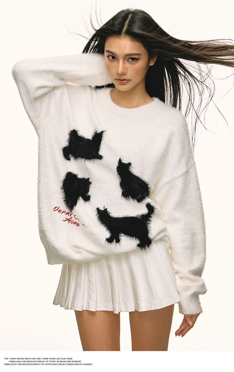 Aaisup Pull doux à col rond pour femme, motif chat de dessin animé américain, automne-hiver, style coréen, haut tricoté_voghion.com