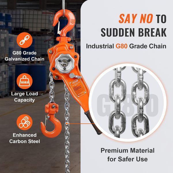 Hand-Operated Chain Lift, 1650 Lbs Load, 5ft Length, G80 Zinc-Coated Steel, Dual-Pawl Brake System, Automatic Chain Guide & Swivel Hook, Ideal_voghion.com