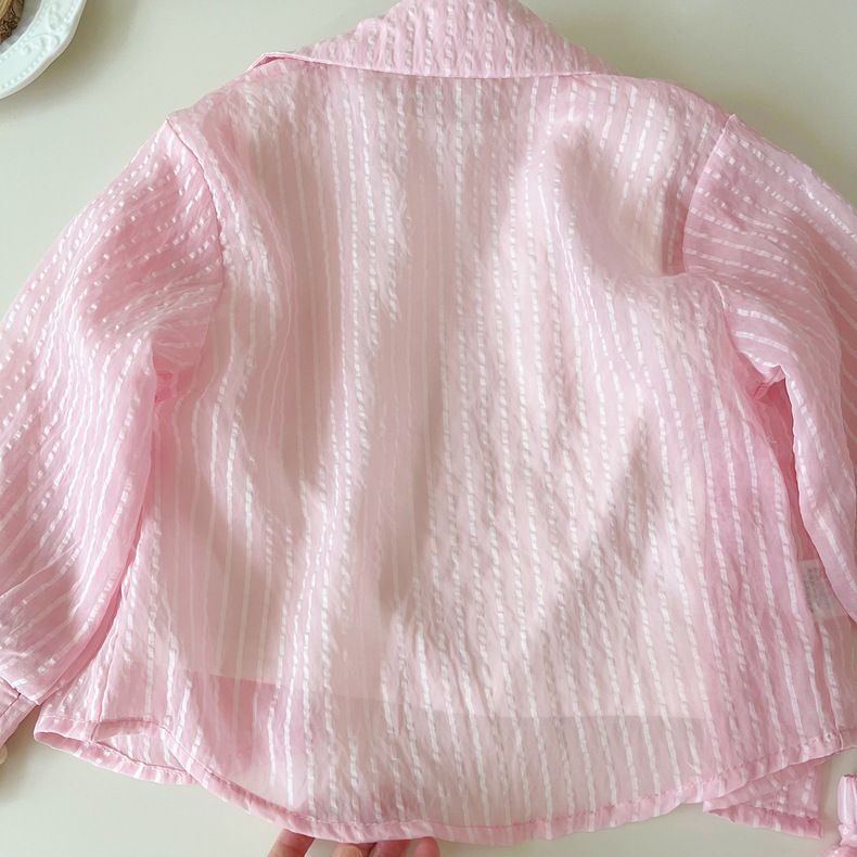 Abbigliamento per bambini, completo estivo da bambina, stile nuovo, alla moda, a righe verticali, a maniche lunghe, con protezione solare, pantaloncini, completo da tre pezzi_voghion.com