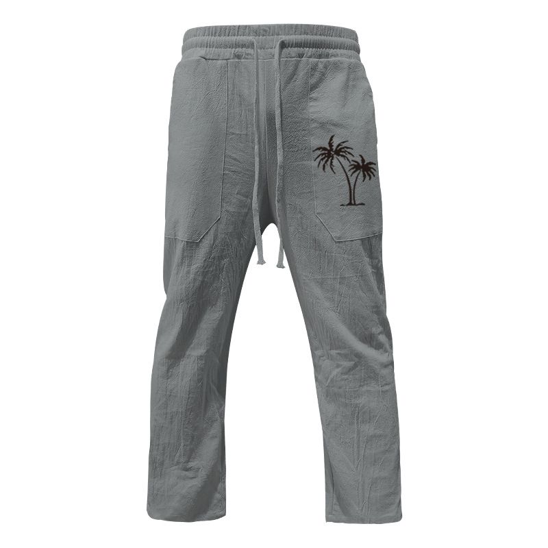 New Fashion Casual Beach Shorts Men Coconut Tree Print Cotton Linen Loose Long Pants_voghion.com