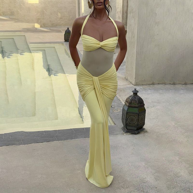 Elegante abito da sera con scollo all'americana, in rete e nastro – Abito lungo sexy con pannelli trasparenti per feste e occasioni speciali_voghion.com