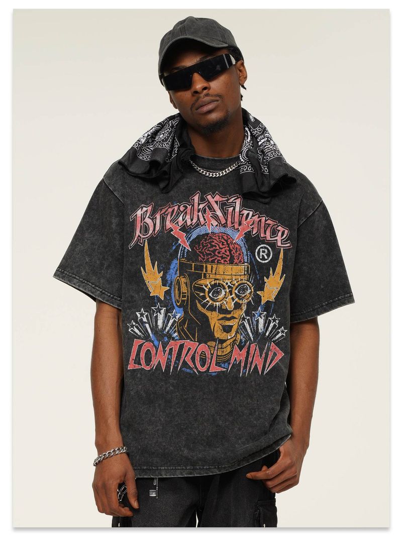 Vêtements pour hommes 2025 Cross Border Summer Frankenstein American Street Washed Old Direct Injection Printing Heavy Weight Col rond Manches courtes Hommes_voghion.com