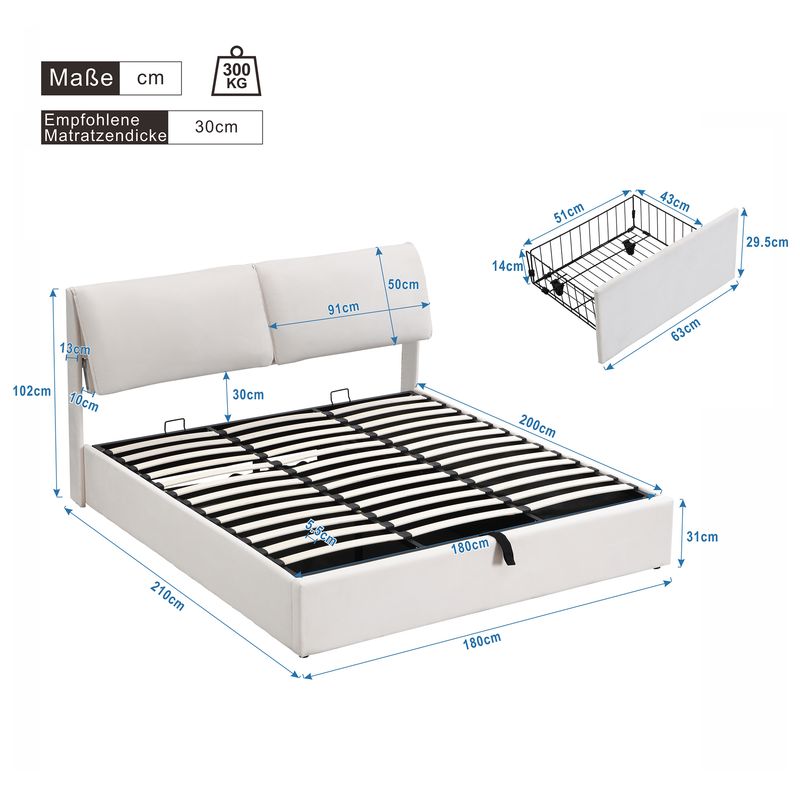 Cadre de lit coffre hydraulique rembourré en velours avec 3 tiroirs, sommier à lattes, beige, 180 x 200 cm, matelas non inclus_voghion.com