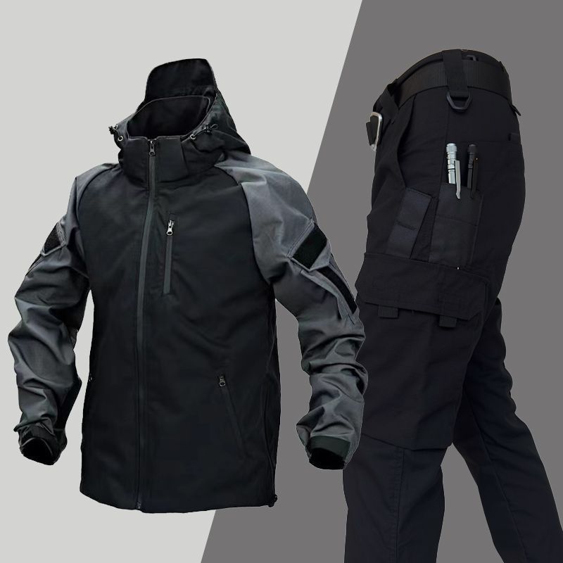 Taktisches Outdoor-Frog-Anzug-Set für Herren, Frühling/Herbst, wasserdichte Windjacke und Hose, Trainingsoutfit im Militärstil (Schwarz/Grau)_voghion.com