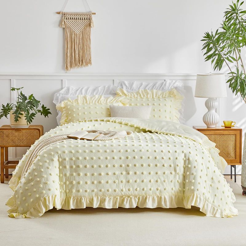 Set copripiumino matrimoniale traspirante con volant e ricami a pois bianchi, set di biancheria da letto per tutte le stagioni, 3 pezzi, in alternativa al piumino._voghion.com
