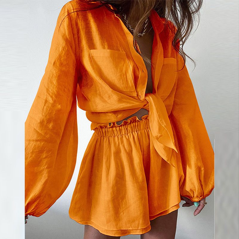 Summer New Women's Casual Fashion Solid Color Ruffle Shorts Shirt Set_voghion.com
