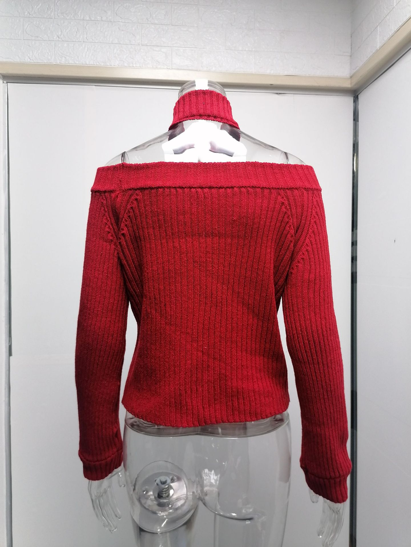 Vrouwen forens OL grote maat sexy off-the-shoulder effen kleur slim-fit gebreide trui vrouwelijk_voghion.com