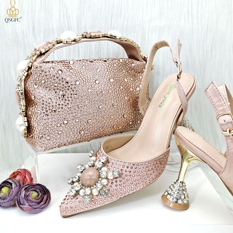 Scarpe da donna Set di scarpe e borsa da donna con punta a punta in stile semplice da festa con cinturino a diamante sul manico_voghion.com