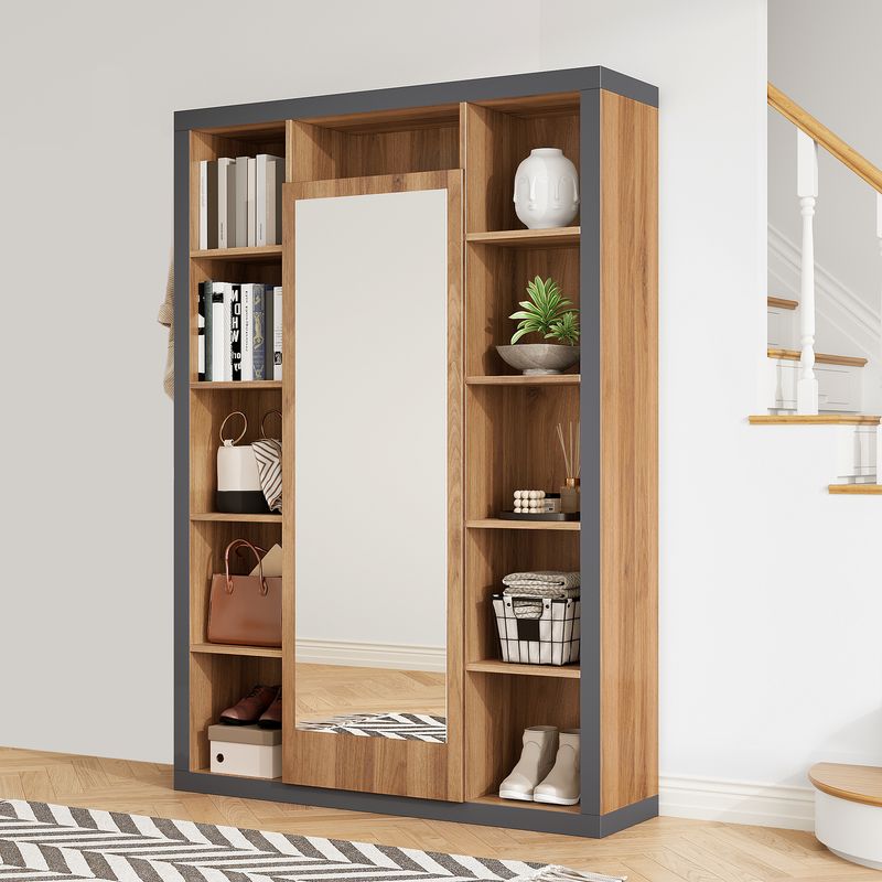 Garderobengestell Mit Spiegel, Multifunktional, Mit Regal, Haken Und Kleiderbügeln_voghion.com