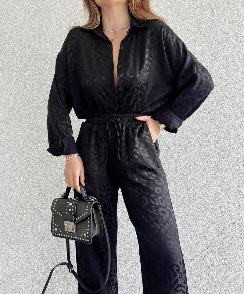 Chemise à manches longues imprimée léopard, avec taille élastique et pantalon ample, ensemble deux pièces, début d'automne_voghion.com