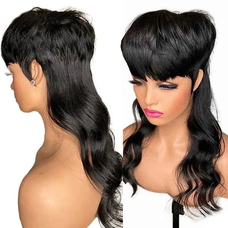 Kuyruklu Kısa Peri Kesimi Dalgalı İnsan Saçı Peruk Mulletcut Yapıştırıcısız Tam Makine Yapımı Perçem Perulu Remy Saç_voghion.com