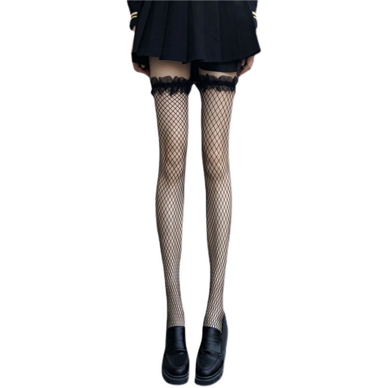 Calzini lunghi a rete con pizzo sopra il ginocchio per donna, carini, stile sottile, sexy, dimagranti, stile JK_voghion.com