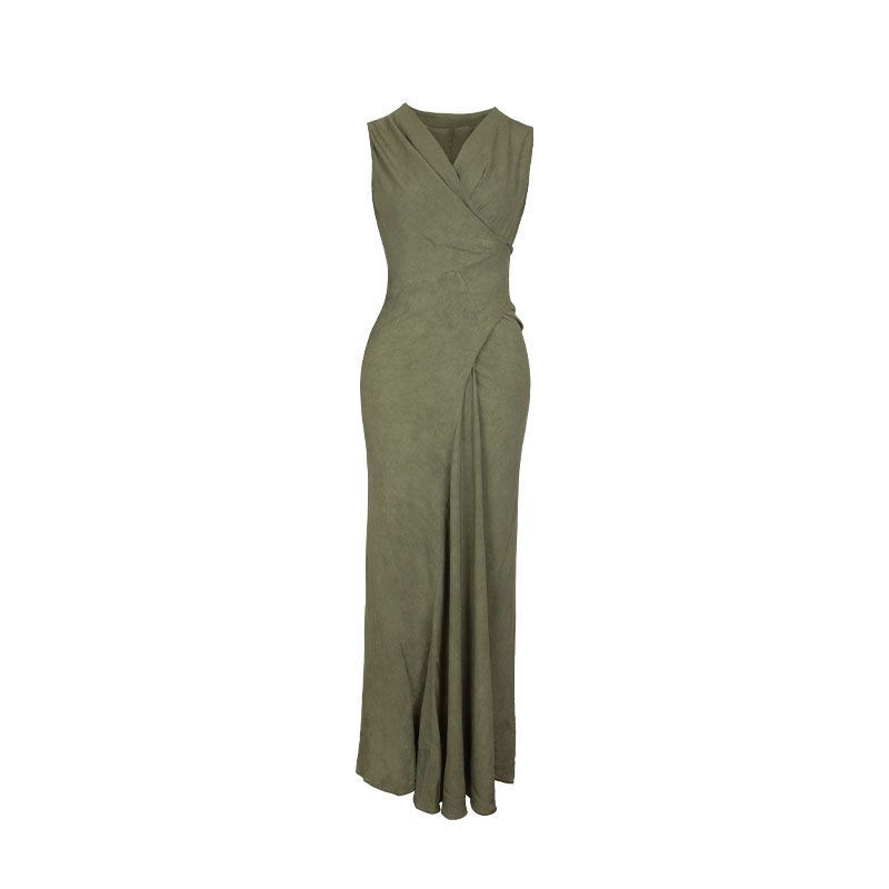 Dreamy Chinese Style Overlapping Collar Wrap Fashion New Sleeveless Soft Draped Dress_voghion.com